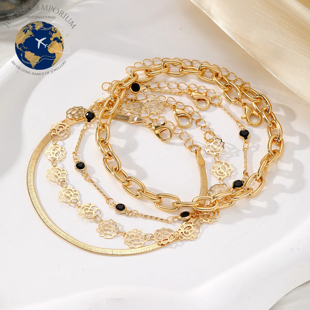 Snake Chain Rose Black Diamond Anklet 4-Piece Set