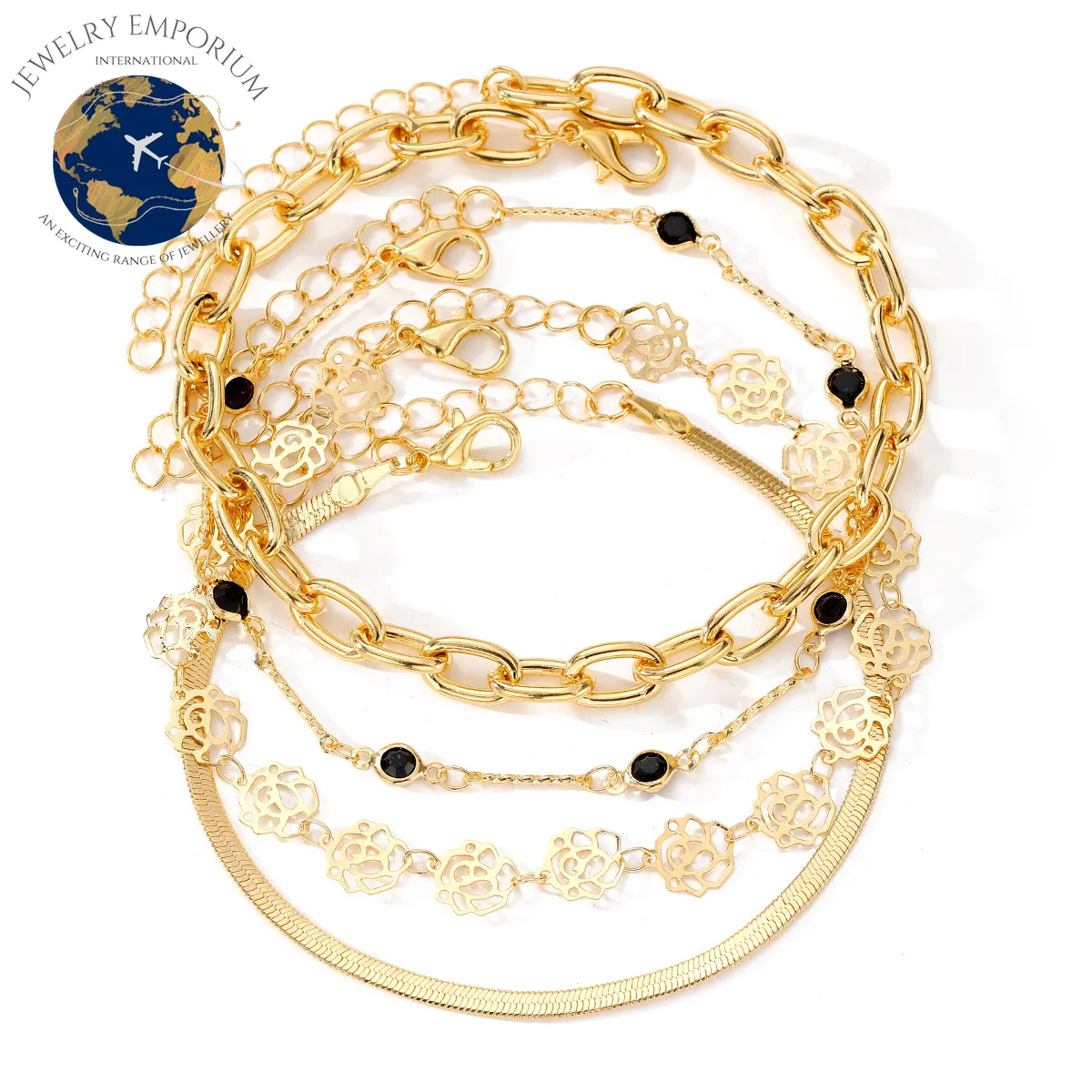 Snake Chain Rose Black Diamond Anklet 4-Piece Set