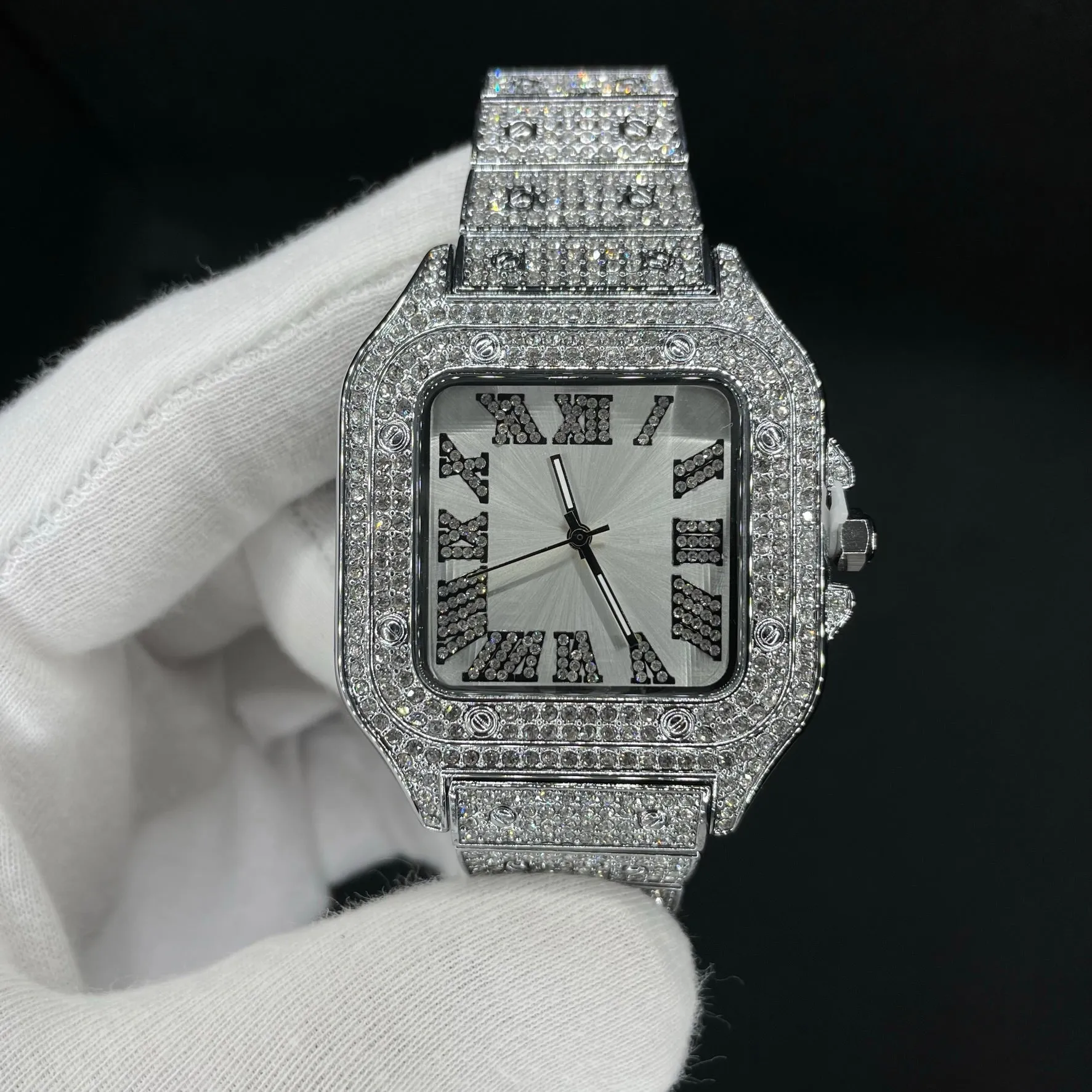 Square White Gold Dial VVS Numerals Iced Out Diamond Watch