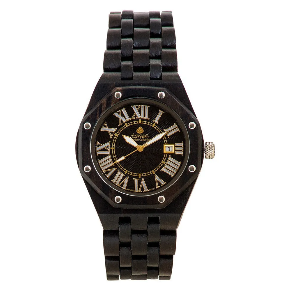 Tense Mens Oregon Wood Case and Bracelet Black Dial Dark Sandalwood Watch - J5800D