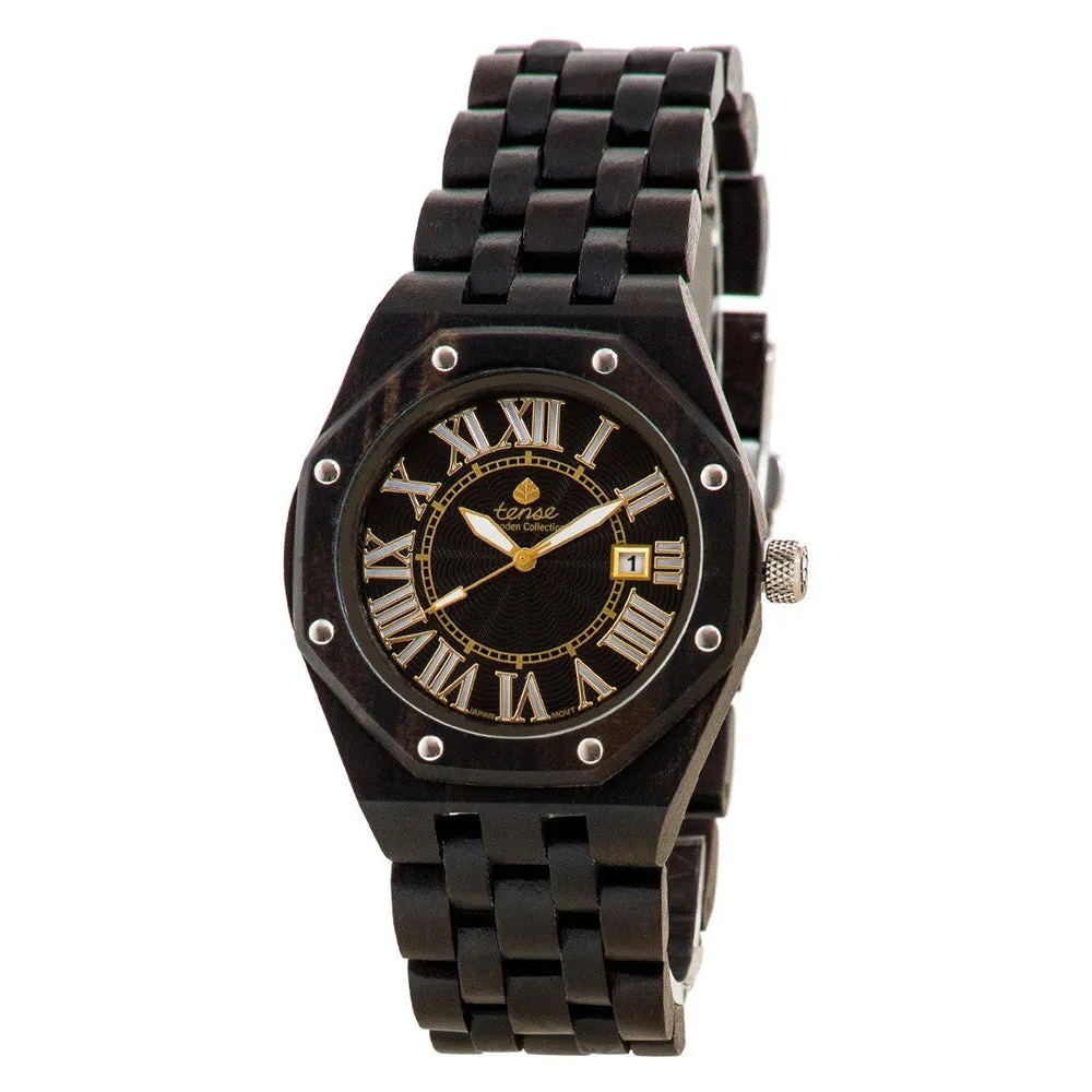 Tense Mens Oregon Wood Case and Bracelet Black Dial Dark Sandalwood Watch - J5800D