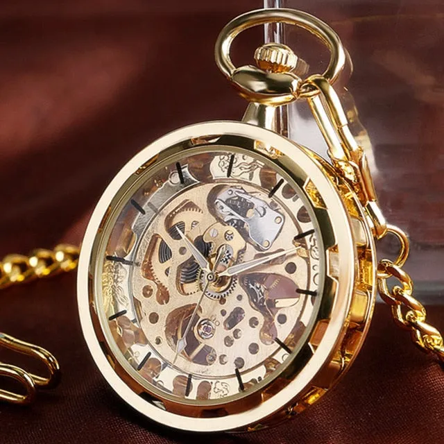 Vintage Steampunk Skeleton Mechanical Fob Pocket Pendant Hand-winding Men Chain Watch